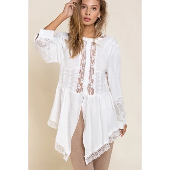 POL Off White Cotton & Lace Long Sleeve Unbalanced Hem Button Down Shirt - Picture 10 of 10